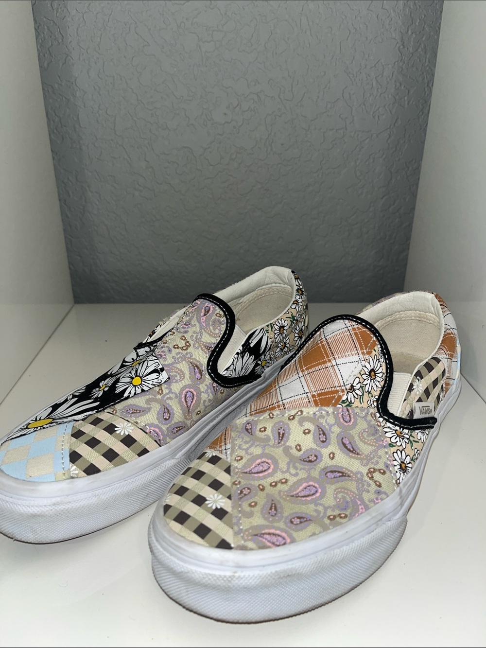 Vans Women’s Patchwork Slip-On Sneakers in Black, Yellow, Orange, Tan, Blue - Picture 3 of 5